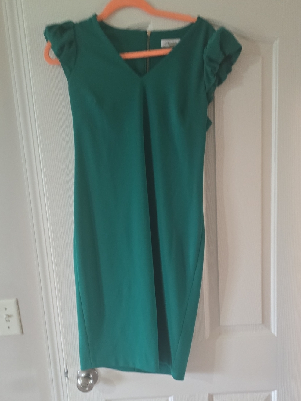 Calvin Klein Teal V-Neck Sheath Dress with Ruffle Cap Sleeves